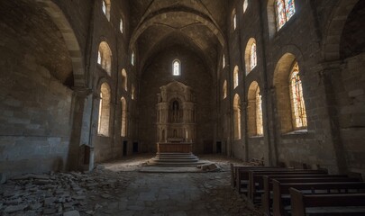 Obraz premium Deserted church with stone interior and scattered rubble.