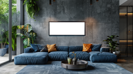 salon moderne avec canapé en cuir, mur béton et tableau au mur personnalisable