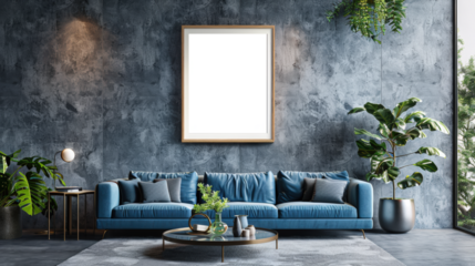 salon moderne avec canapé en cuir, mur béton et tableau au mur personnalisable