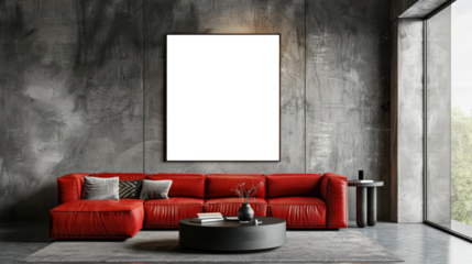 salon moderne avec canapé en cuir, mur béton et tableau au mur personnalisable