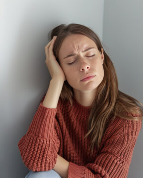 jeune femme fatigu&eacute;e malade souffrant de maux de t&ecirc;te se tenant les tempes