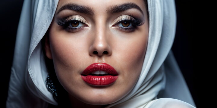 close-up portrait of a woman with red lips and white hajib, with a focus on her eyes and lips.