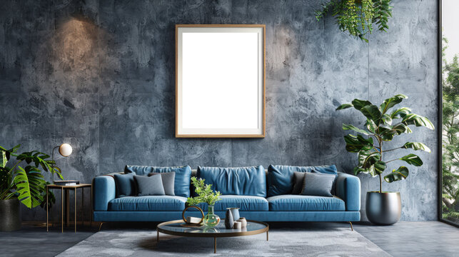 salon moderne avec canap&eacute; en cuir, mur b&eacute;ton et tableau au mur personnalisable