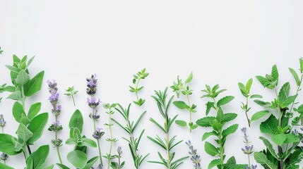 Rosemary, mint, lavender, marjoram, sage, lemon balm and thyme layout. Creative frame with fresh herbs on white background. Top 