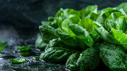 Fresh green lettuce leaves with water droplets