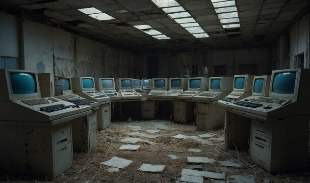 Room filled with vintage computer monitors and cables.