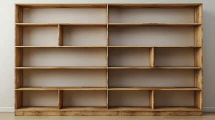 3D rendering of a blank wooden bookshelf, empty shelves awaiting books, minimalist design