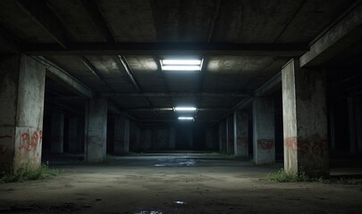 Obraz premium Underground parking lot with graffiti covered concrete walls