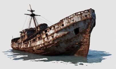 Rusty, abandoned shipwreck lying partly submerged in water