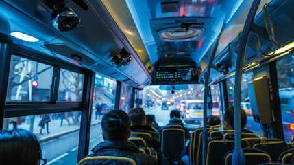 Fototapeta premium Public Bus Interior with Surveillance Cameras and Passengers in Motion - Urban Safety Concept