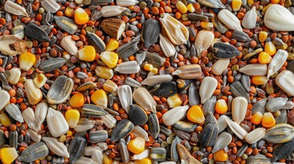 Bird Food: Mixed Seeds for Wild Birds with Sunflower, Corn, and Millet. Full Frame Background Texture with Copy Space