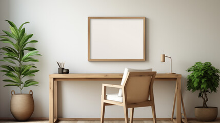 Minimalist Home Office Setup with Wooden Desk and Chair Indoor Green Plants and Blank Frame