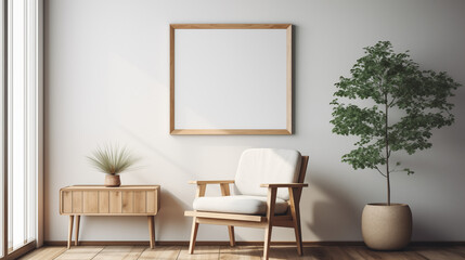 Scandinavian Style Reading Nook with Wooden Chair Green Plant and Blank Frame Natural Light