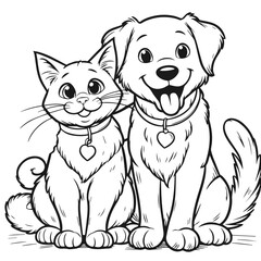 Black and white vector silhouette of a Dog and Cat  isolated on white background	
