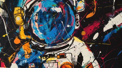 A colorful painting of an astronaut with a blue helmet and a white helmet