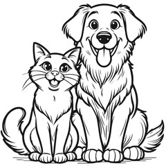 Black and white vector silhouette of a Dog and Cat  isolated on white background	
