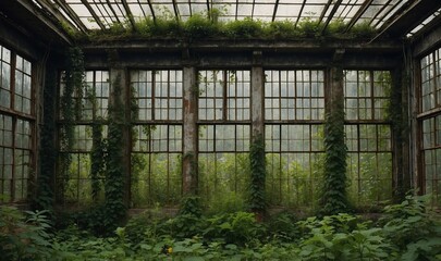 Old greenhouse with overgrown plants and broken windows