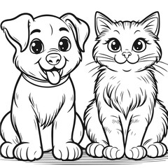 Black and white vector silhouette of a Dog and Cat  isolated on white background	
