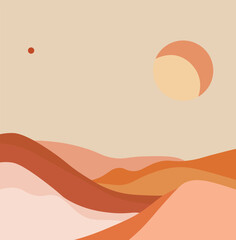 Interior painting, in the style of minimalism. pastel palette, peach and terracotta. desert landscape, sun and moon, Moroccan style. Vector illustration