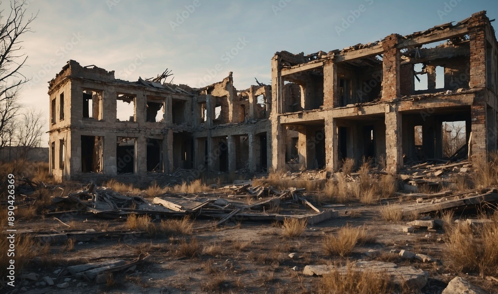 Canvas Prints Abandoned building with extensive damage and debris.