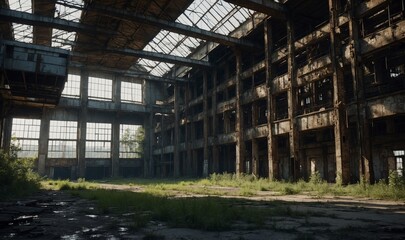 Destroyed industrial building with broken windows and plants.