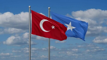 Somalia and Turkey flags flying together, video concept of the relationship, two country cooperation concept