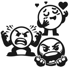 Emotions EMOJI black and white silhouette vector isolated on white background	

