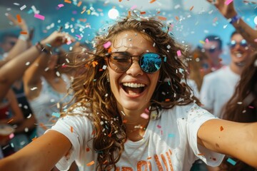Obraz premium A joyful woman wearing sunglasses is captured in motion with flying confetti around her at an outdoor music festival, surrounded by a lively and enthusiastic crowd.