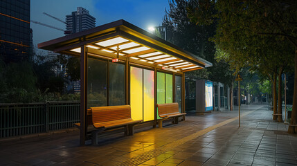 Fototapeta premium Bus Stop at Dusk with Illuminated Shelter and Benches Under Lush Trees in Urban Setting