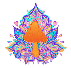 Magic mushrooms mandala. Psychedelic hallucination. Vibrant trippy vector illustration. 60s hippie colorful art. Hand drawn design in ethnic Indian style. Mystic abstract hippie yoga mat design.