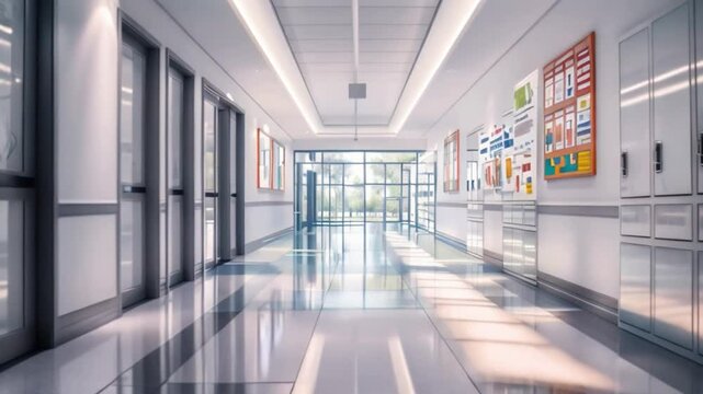 Long, empty school hallway with lockers on right wall, posters on left wall, and glass doors leading to outdoor area at end