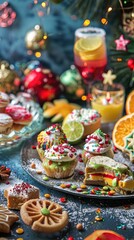 Festive holiday dessert table with colorful cupcakes, cookies, and decorations, perfect for a cozy and sweet celebration.