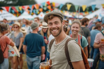 Naklejka premium A young man with a drink in hand and smiling exuberantly at a vibrant outdoor festival, surrounded by colorful flags and festive attendees.