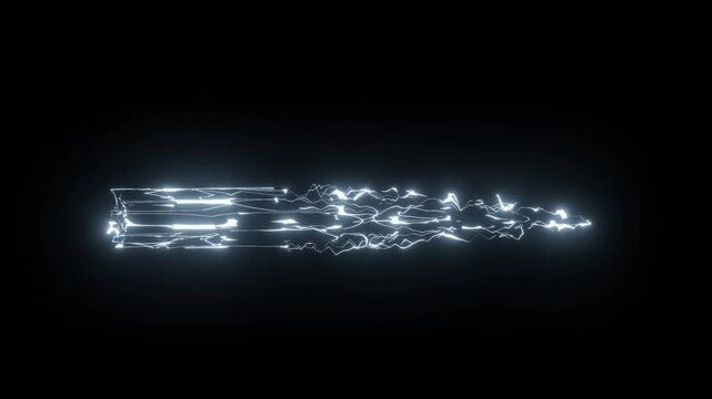 A strange booster rocket shaped like an electric voltage on a black background. Electric shock light. Curly neon light lines. Large quantities of blue laser waves