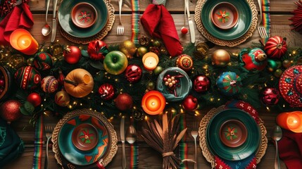 Festive holiday table setup with decorative plates, candles, ornaments, and greenery creating a warm and cheerful ambiance.