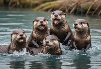 Obraz premium A playful group of otters frolicking in the water. 