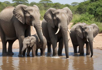  A family of elephants gently bathing themselves in a watering hole (photorealistic & artistic). 