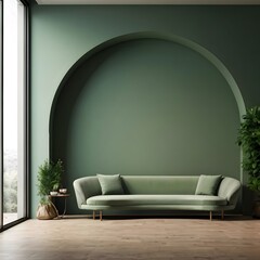 Green home living room interior with sofa and plant, mock up arch wall