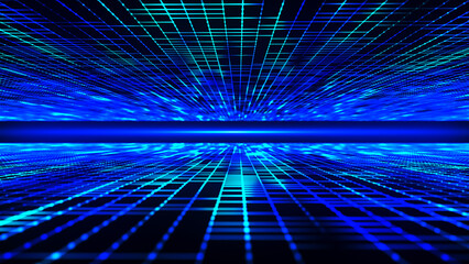 Infinite wireframe grid. Futuristic retro style background. Disappearing wireframe grid. Digital mesh landscape. Virtual space. Geometric lines and dots. 3d rendering.