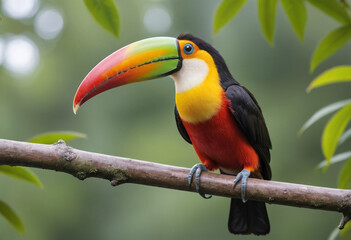 Obraz premium A brightly colored toucan perched on a branch, its large beak prominent. 