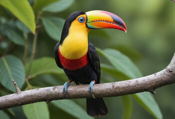 Obraz premium A brightly colored toucan perched on a branch, its large beak prominent. 