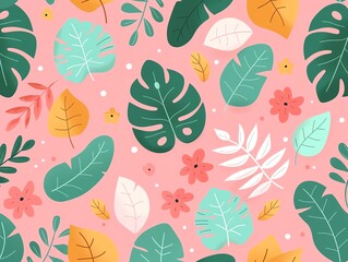 Colorful botanical pattern with various tropical leaves and flowers on a pink background. Ideal for fabric, wallpaper, and decor.