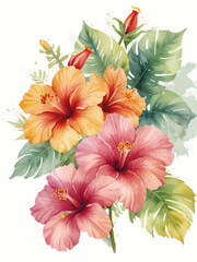 Obraz premium tropical hibiscus flower and monstera leaves summer theme bouquet isolated on white background