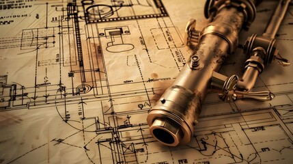 Obraz premium A drawing of pipes and valves with a gold finish. Concept of precision and engineering