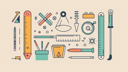 Minimalist text with simple line drawings of school objects like rulers and protractors
