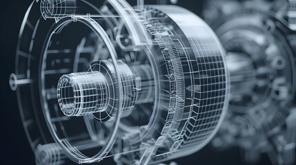 A mechanical part is shown in a 3D image. Concept of precision and complexity, as the gears and other components are intricately detailed. Scene is one of engineering and technology