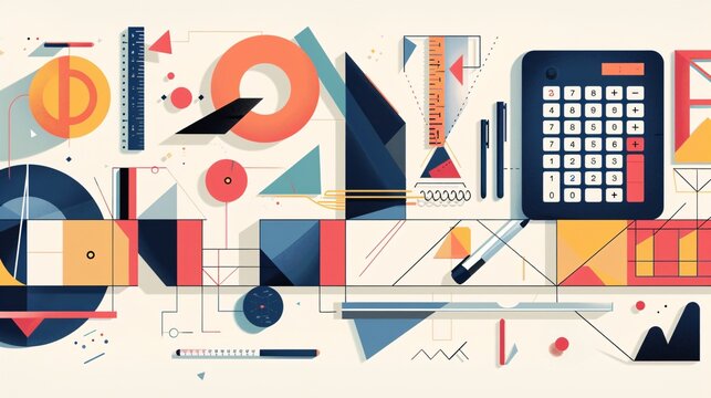 Geometric typography with abstract shapes and modern school supplies like calculators and geometry sets