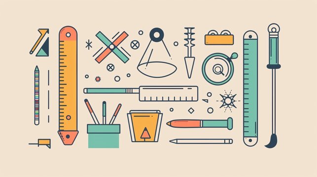 Minimalist text with simple line drawings of school objects like rulers and protractors