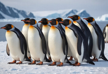 Obraz premium A group of penguins huddled together for warmth on a snowy Antarctic shore. 
