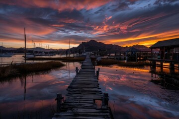 Fototapeta premium The photograph captures a dramatic sunset on a rustic lakeside pier, featuring a colorful sky reflecting in the water, with boats anchored nearby and mountains in the distance.